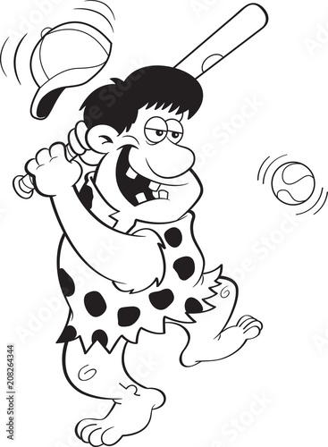 Black and white illustration of a caveman hitting a baseball.