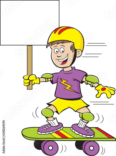 Cartoon illustration of a boy riding a skateboard while holding a sign.