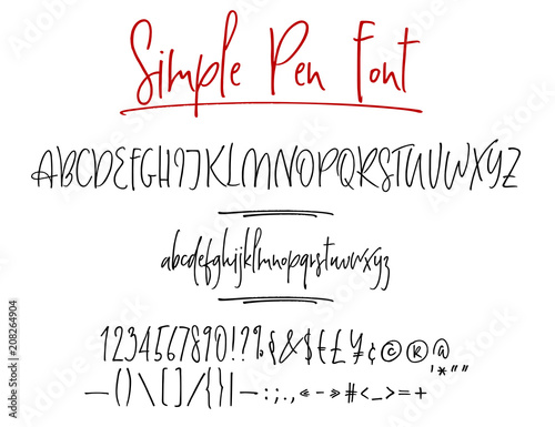 Ballpen lettering vector alphabet with numbers and punctuation. Modern calligraphy, handwritten letters. Vector illustration