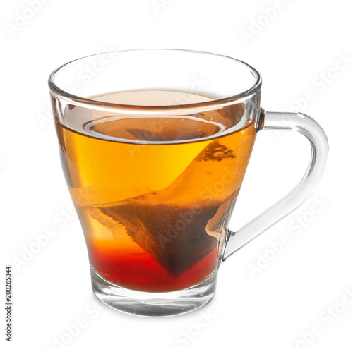 Cup with delicious tea on white background