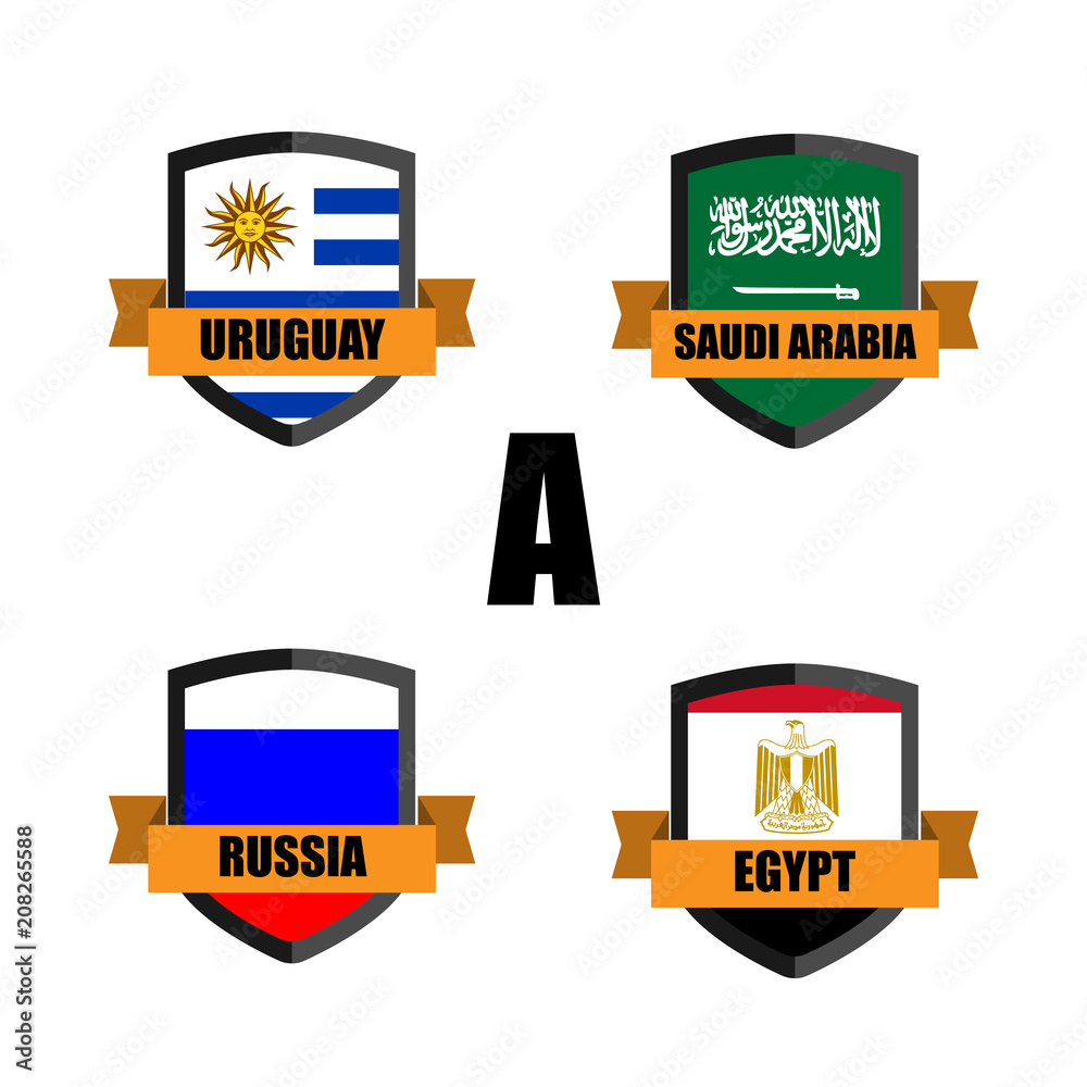 Set of Football Badge vector Designed illustration. Soccer tournament 2018 Group A with Word Egypt,Saudi Arabia,Uruguay,Russia.