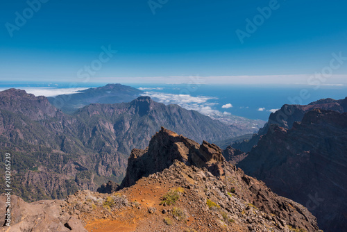 Volcanic landscape in Roque de los muchachos, highest peak of la Palma island, Canary island, Spain.