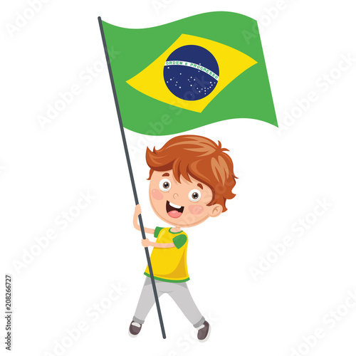 Vector Illustration Of Kid Holding Flag