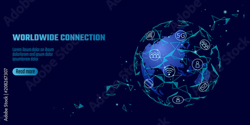 Global network connection. World map Asia continent point line worldwide information technology dat exchange business. Planet Earth space low poly polygonal render vector Illustration