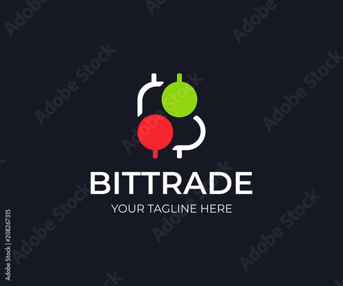 Bitcoin trade logo template. Bitcoin stock market vector design. Bitcoin symbol and trading candlestick logotype