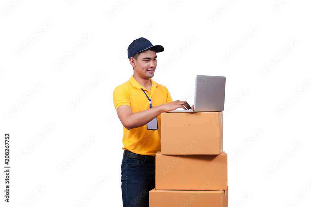 deliveryman with boxes and clipboard isolated on white background