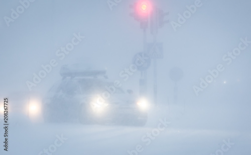 Traffic in snow storm. Sotkamo, Finland.