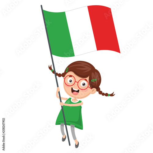 Vector Illustration Of Kid Holding Flag