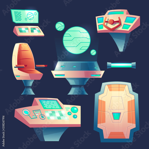 Vector set of spaceship design elements. Control panel with laptops for cockpit in rocket. Devices, collection for interior of flying craft isolated on dark background photo