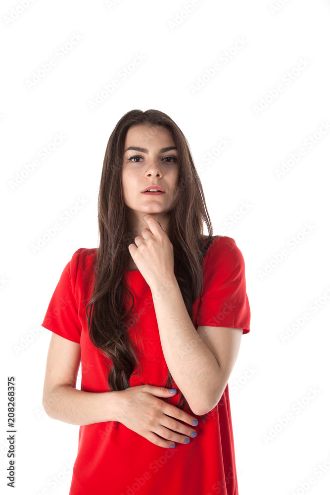 Young woman in red dress on white background. Young woman in red dress on white background.