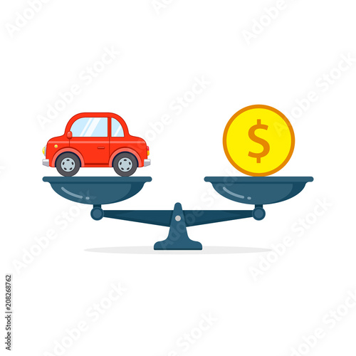 Car and money on scales icon, vector concept in flat style. Buying car concept