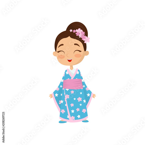 Cheerful little girl with flowers in hair wearing traditional Japanese dress. Child blue kimono with pink belt. Flat vector design