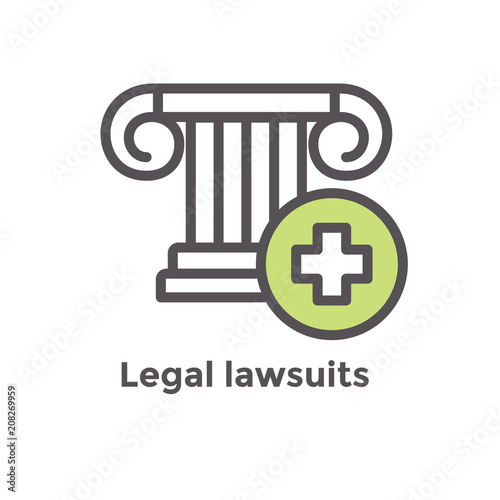 Medical Lawsuit icon with legal imagery showing medical malpractice - outline