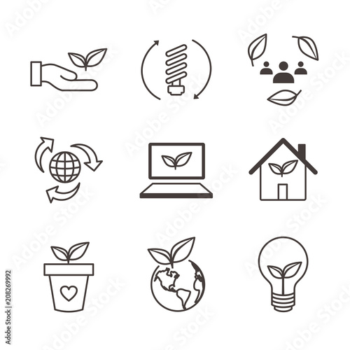 Environmental concerns icon set with lightbulb, hand holding leaf, recycling, etc