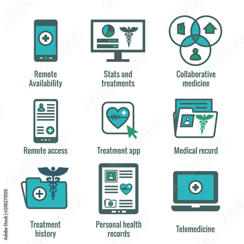 Telemedicine and Health Records Icon Set with Caduceus, file folders, computers, etc