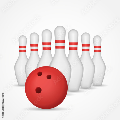 Bowling pins and ball isolated on white background. Vector illustration.