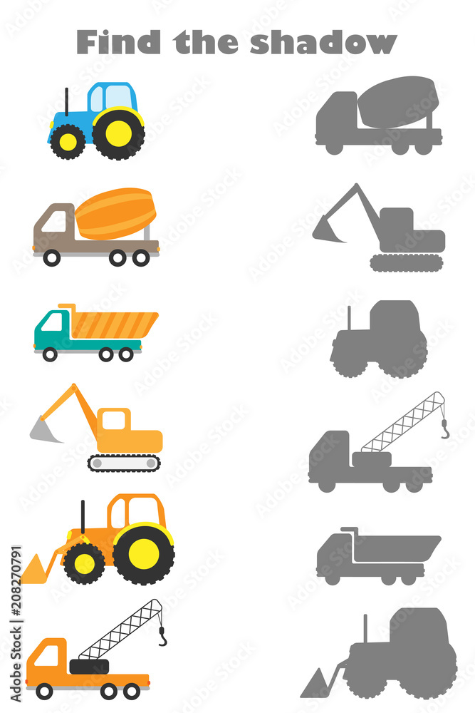 Find the shadow game with pictures of construction transport for children, education game for kids, preschool worksheet activity, task for the development of logical thinking, vector illustration Find the shadow game with pictures of construction transport for children, education game for kids, preschool worksheet activity, task for the development of logical thinking, vector illustration