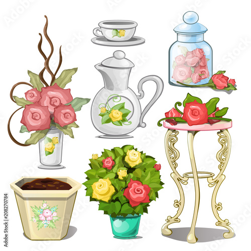 Set of interior objects and tableware with ornaments in the form of flower buds. Vector illustration.