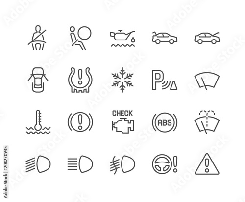 Simple Set of Car Dashboard Related Vector Line Icons. Contains such Icons as Check engine, Tire Pressure, Parking Radar and more. Editable Stroke. 48x48 Pixel Perfect.
