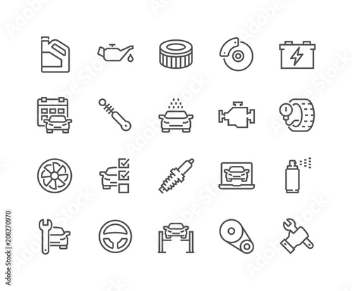 Simple Set of Car Service Related Vector Line Icons. Contains such Icons as Oil, Filter, Steering Wheel, Check List and more. Editable Stroke. 48x48 Pixel Perfect.