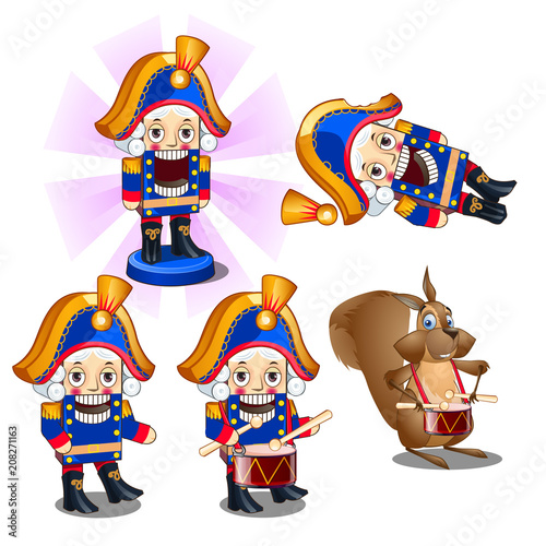 Set of traditional Christmas figurines Nutcracker with a drum and a mouse. Sketch for greeting card  festive poster or party invitations.The attributes of Christmas and New year. Vector illustration.