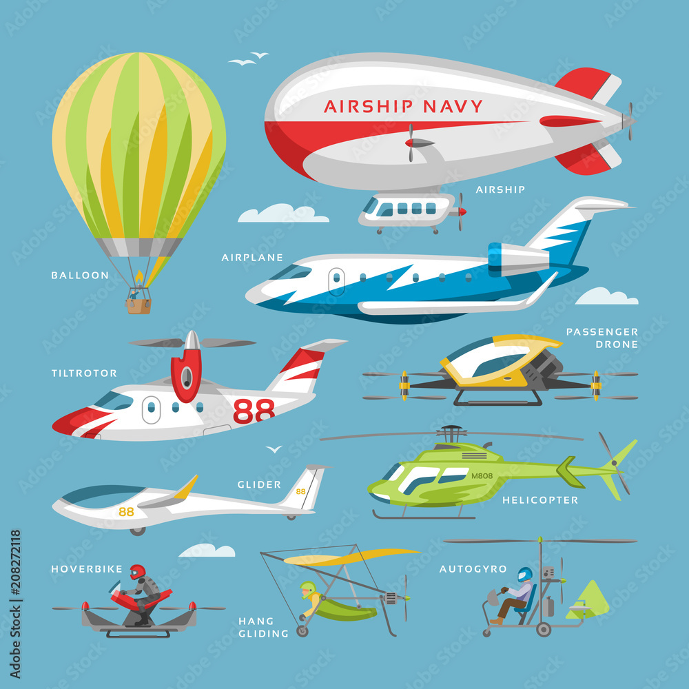 Plane vector aircraft or airplane and jet flight transportation and helicopter in sky illustration aviation set of aeroplane or airliner and airfreighter cargo isolated on background