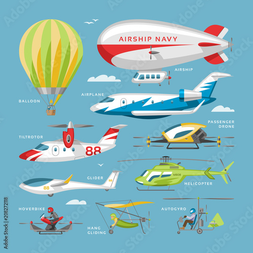 Plane vector aircraft or airplane and jet flight transportation and helicopter in sky illustration aviation set of aeroplane or airliner and airfreighter cargo isolated on background