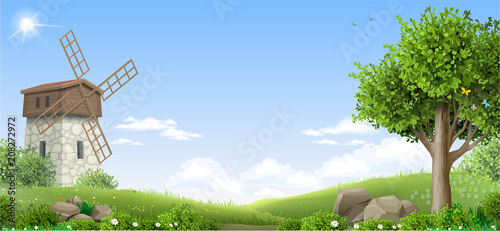 Banner with natural landscape. Fantasy style. Wood and hills. Illustration of a fairy tale. Vector