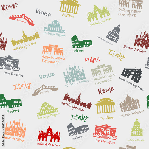 Seamless pattern of Italy. Building, landmarks of sities. Silhouette travel icons