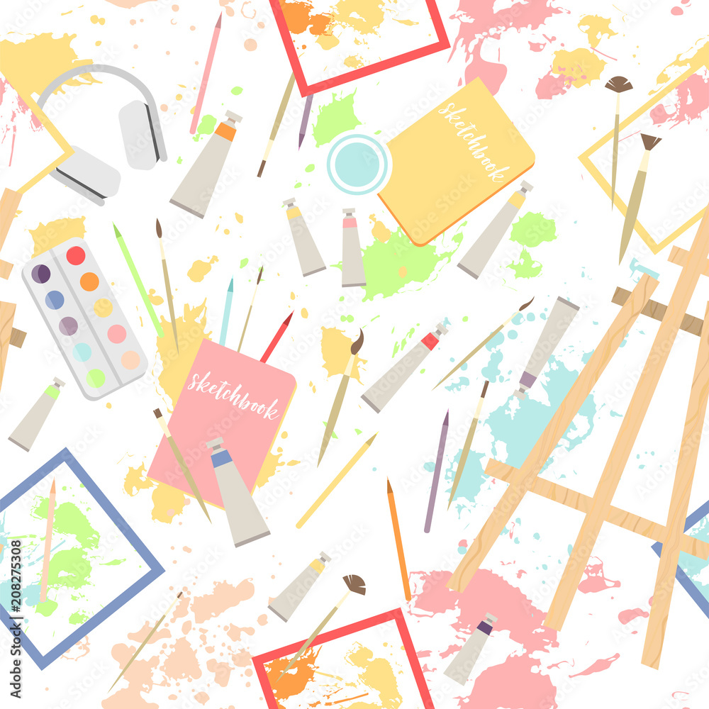 Seamless pattern with easel, paintings and drawing tools Seamless pattern with easel, paintings and drawing tools