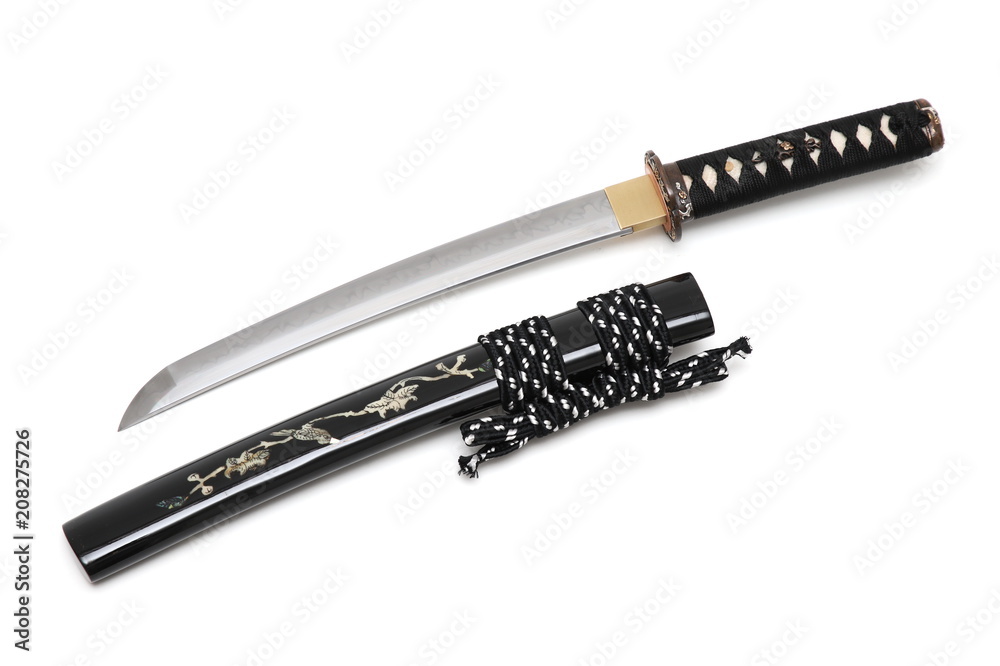 Aigushi or Tanto short Japanese sword with scabbard isolated in white background Aigushi or Tanto short Japanese sword with scabbard isolated in white background