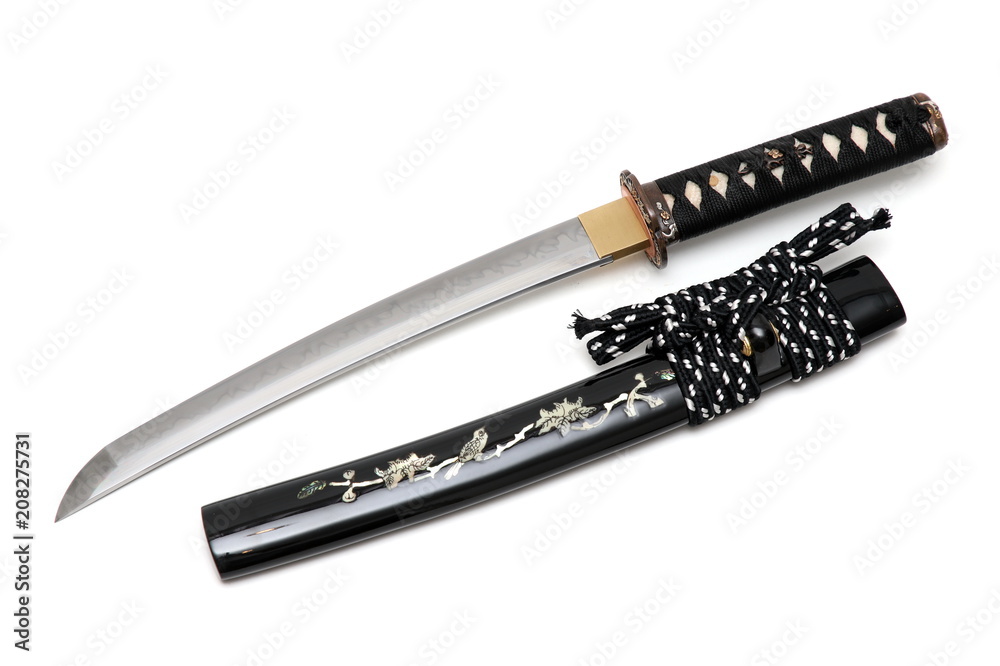 Aigushi or Tanto short Japanese sword with scabbard isolated in white background Aigushi or Tanto short Japanese sword with scabbard isolated in white background