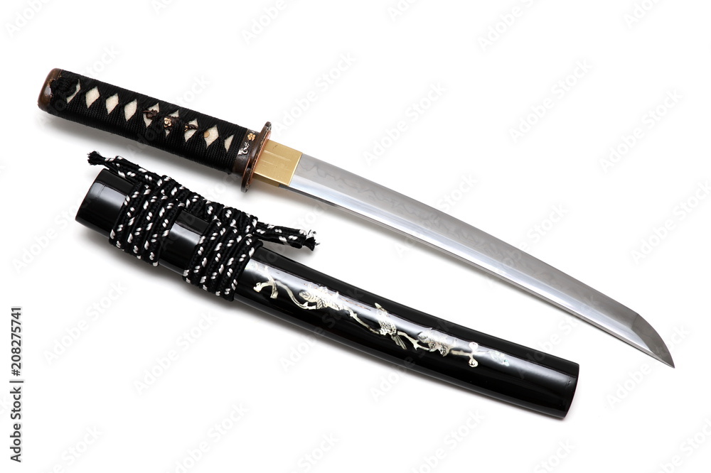 Aigushi or Tanto short Japanese sword with scabbard isolated in white background Aigushi or Tanto short Japanese sword with scabbard isolated in white background