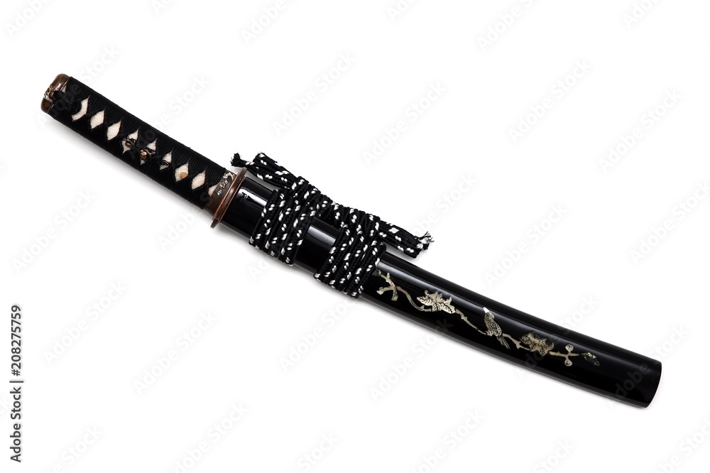 Aigushi or Tanto short Japanese sword with scabbard isolated in white background Aigushi or Tanto short Japanese sword with scabbard isolated in white background