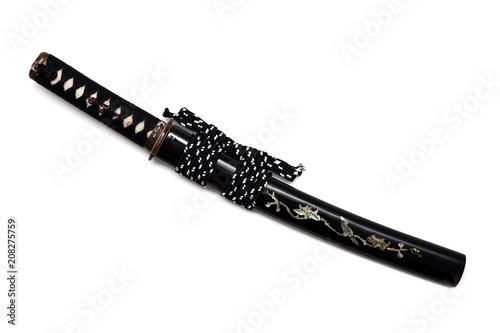 Aigushi or Tanto short Japanese sword with scabbard isolated in white background
