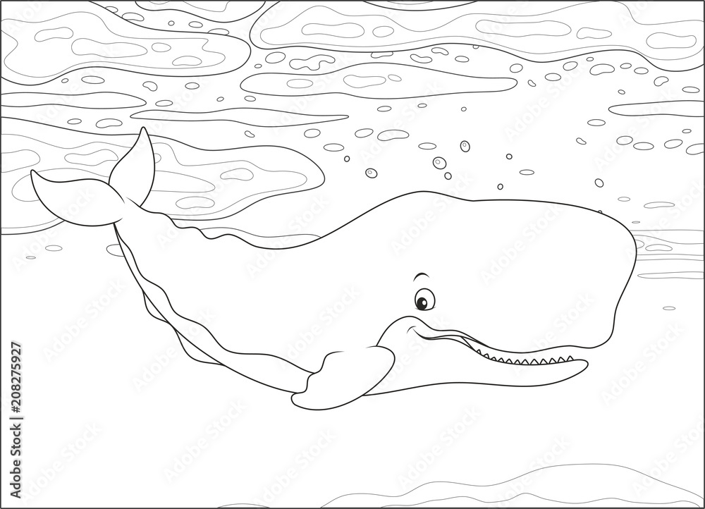 Fototapeta premium Cachalot swimming under ice floes in a polar sea, black and white vector illustration for a coloring book