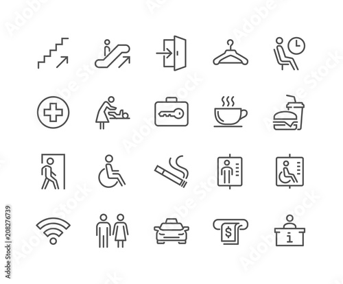 Simple Set of Public Navigation Related Vector Line Icons. Contains such Icons as Cloakroom, Elevator, Exit, Taxi, ATM and more. Editable Stroke. 48x48 Pixel Perfect.