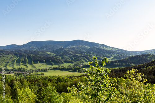 Beautiful landscape in the mountains. Blue sky, green grass and trees and in the background mountains on the horizon