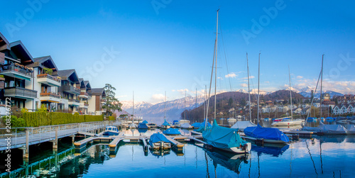 panorama of the yachts and boats lake thun