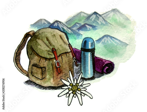 Obraz na płótnie Godło turystyki górskiej. Podróżować z plecakiem. Kwiat szarotki