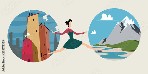 Woman Runs from Town to the Nature