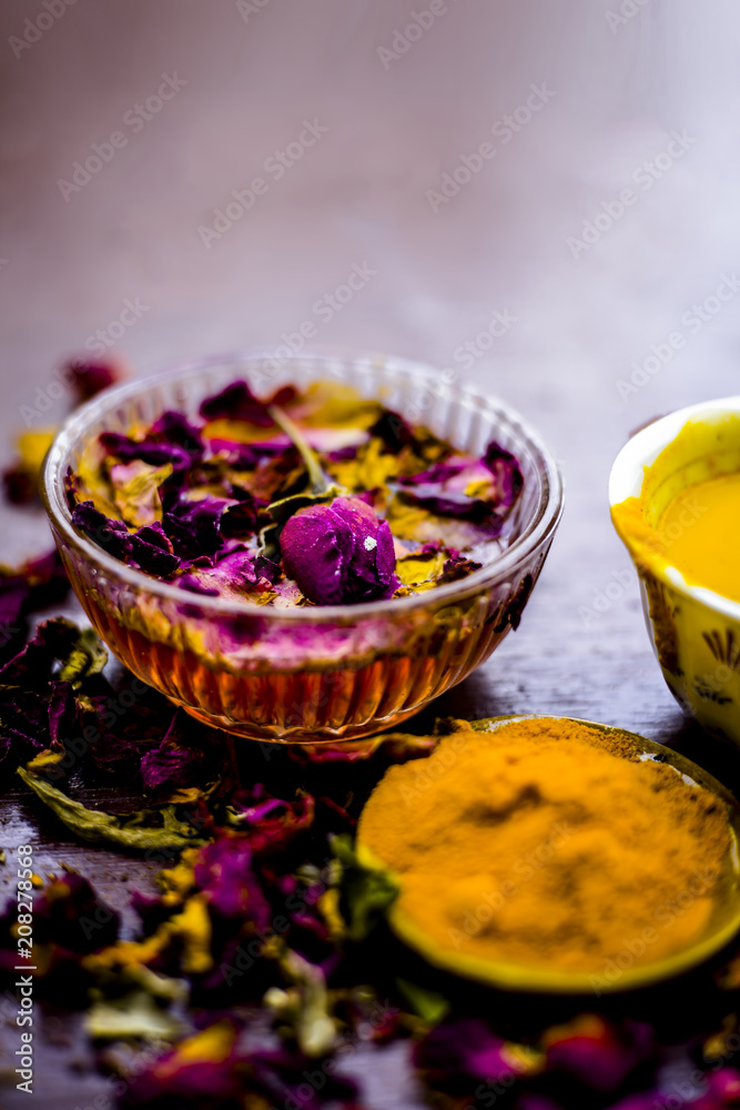Close up of face pack of chandan or sandalwood i.e. Rose water with  turmeric and sandalwood powder. Stock Photo | Adobe Stock