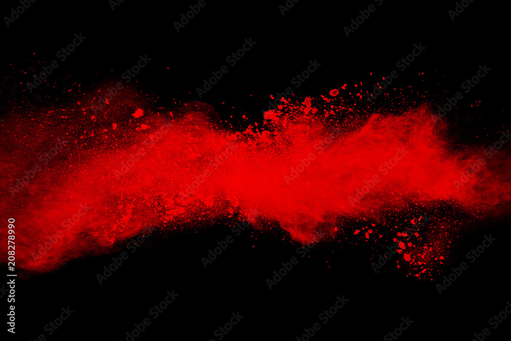 Abstract explosion of red dust on black background. Abstract red powder  splatter on dark background. Freeze motion of red powder splash. Stock  Photo | Adobe Stock
