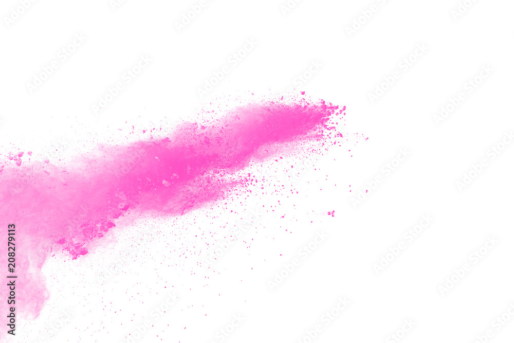 abstract pink powder explosion on white background. Freeze motion of pink dust splattered.