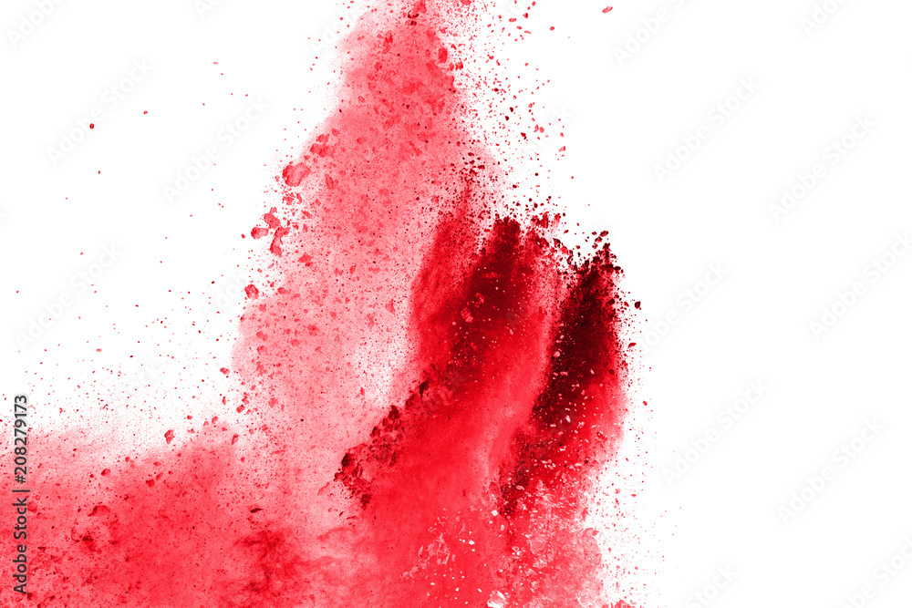 abstract red dust explosion on white background. Abstract red powder splattered on white  background. Freeze motion of red powder splash.