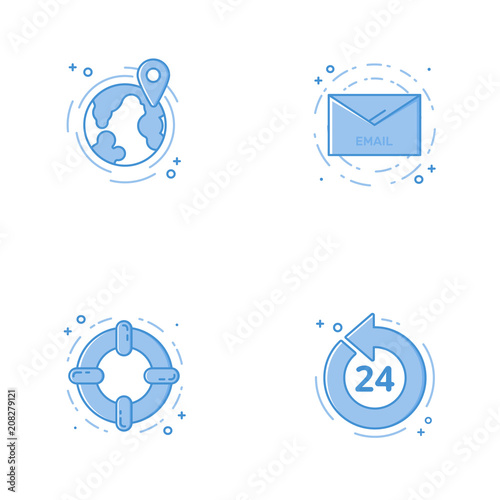 Vector business Illustration in filled bold line style. Set of outline cute and simple icons with globe, email letter, help circle and 24 7. Use in Web Project and Applications Outline isolated object