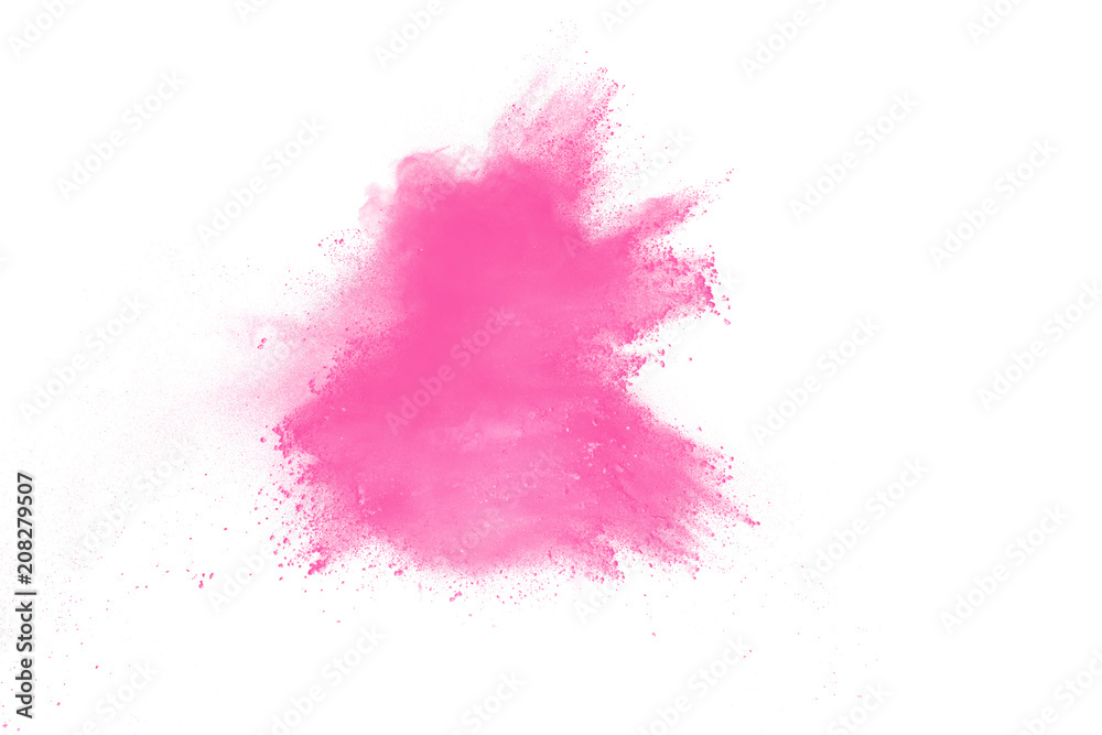 Pink color powder explosion on white background. Launched colorful dust particles splashing.