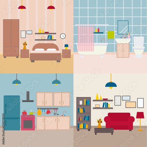 Fototapeta Naklejka Na Ścianę i Meble -  Set of vector flat apartment rooms: kitchen, bathroom, living room, bedroom