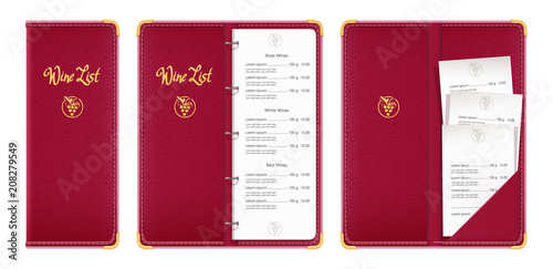 Red covered wine list. Bar menu book with check. Concept design