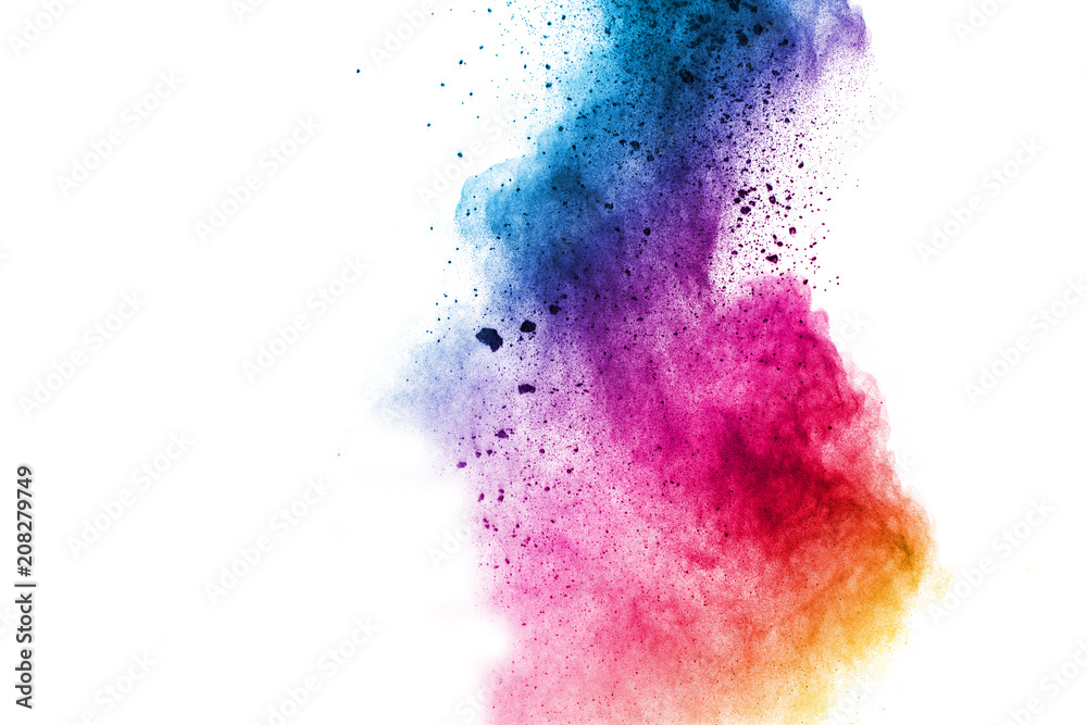 Multicolor powder explosion on white background. Colored cloud. Colorful dust explode. Paint Holi.abstract multicolored dust splatter on white background